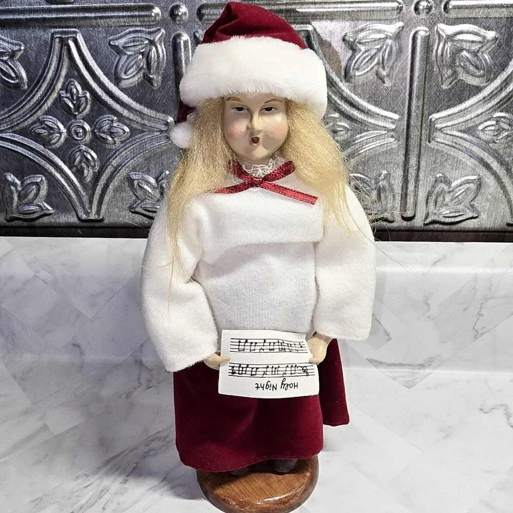 Vtg Old World Style Christmas Caroler Girl Figurine‎ Fabric and Wood Base